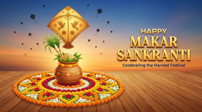 Happy Makar Sankranti 2026, minimalistic poster/banner for Sankranti theme wishes
