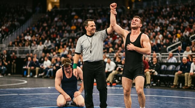 Referee raising the arm of a victorious wrestler in black singlet on the mat inside a crowded sports arena showcasing wrestling championship victory and athletic triumph