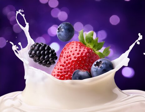 fresh berries splashing in cream with purple bokeh background