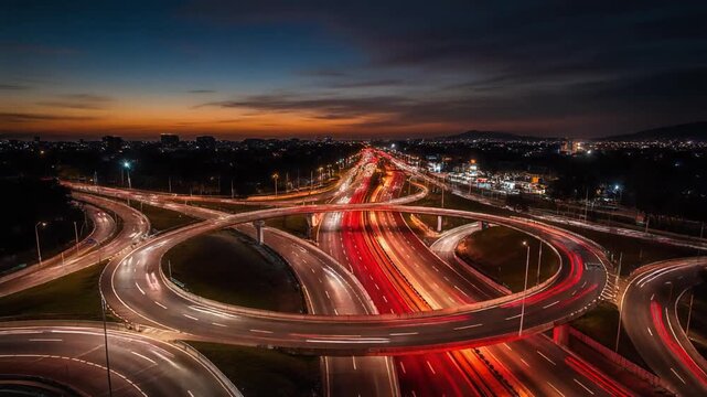 Night Highway Interchange Timelapse. Long exposure car light trails moving through complex urban overpass system under sunset sky. Fast motion transportation infrastructure for city logistics.