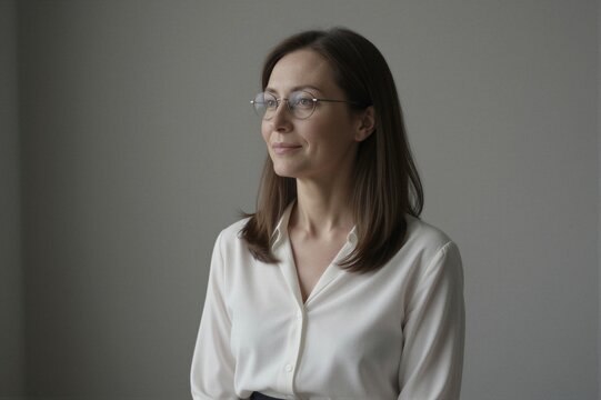A woman with a serene expression and round glasses poses calmly against a featureless gray backdrop, her white button-down shirt a crisp contrast to the monochromatic surroundings.