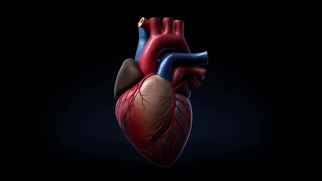 Seamless Looping 3D Medical Animation of Pumping Human Heart on Black Background