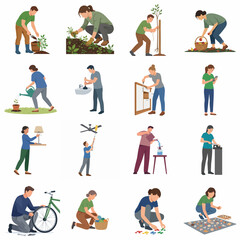 Fototapeta premium Set of 16 Flat Vector Illustrations Featuring People Engaged in Gardening Household Chores DIY Home Maintenance and Leisure Hobbies Isolated on White