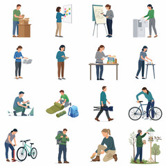 Fototapeta premium Large collection of flat vector illustrations featuring diverse people performing office tasks and enjoying outdoor recreational activities like camping and cycling.
