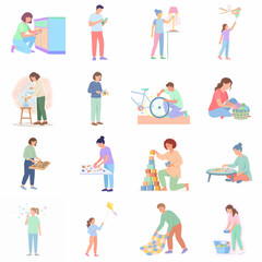Fototapeta premium Large Collection of People Doing Household Chores DIY Repairs and Fun Leisure Hobbies Flat Vector Illustration
