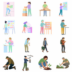 Fototapeta premium Collection of Vector Illustrations Showing Diverse People Engaged in Organizing, Packing, Planning, Gardening, and Daily Life Activities
