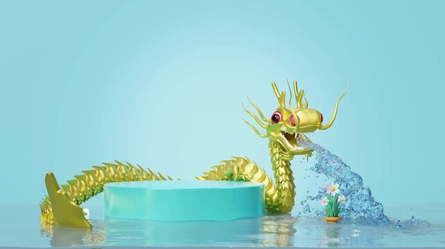Golden dragon spitting water onto flower near blue display pedestal on light turquoise background.
