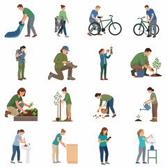 Fototapeta premium Collection of flat vector illustrations depicting people engaged in various DIY home maintenance gardening and outdoor recreational activities isolated on white background