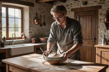 Obraz premium A man in a gray button-down shirt prepares dough amidst warm stone walls and wooden beams in a cozy farmhouse kitchen.