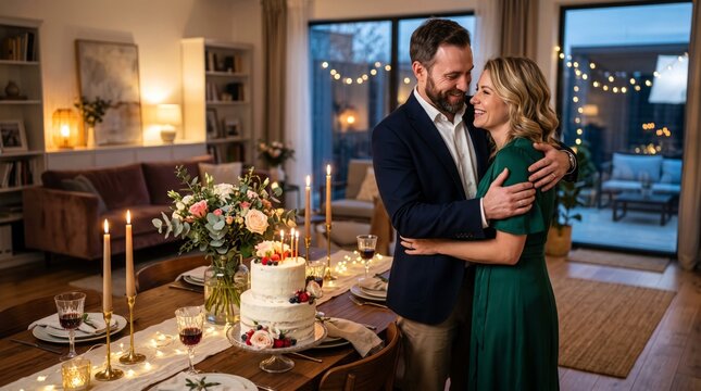 Happy couple in elegant attire celebrating a romantic anniversary dinner with a beautiful cake inside a cozy candlelit living room