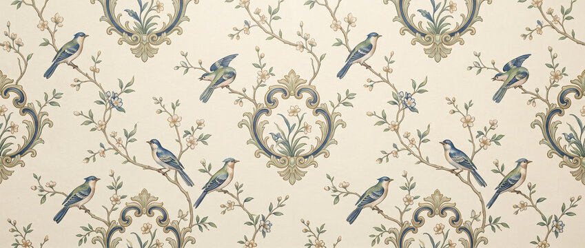 Chinoiserie wallpaper pattern with blue birds and branches. Vintage ornate floral cartouche frame design