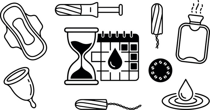 Menstrual Cycle and Feminine Hygiene Product Icon Set featuring Sanitary Pads Tampons Menstrual Cups Tracking Calendars and Pain Relief Elements Line Art