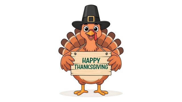 Cartoon turkey wearing a pilgrim hat holding a wooden sign that says happy thanksgiving on a white background