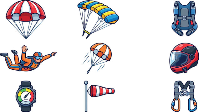 Skydiving Equipment Icons Set with Parachute, Helmet, and Altimeter