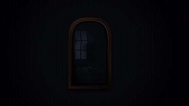 An 8-second cinematic 4K video of a detailed dimensional antique mirror reflecting a highly readable but dark room. The furniture silhouette on the right side has been removed.