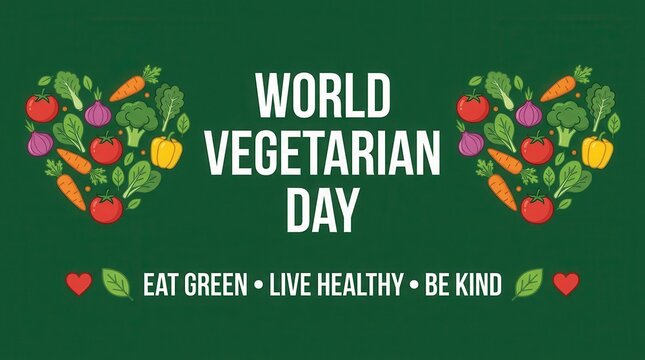 World vegetarian day banner with vegetables arranged in heart shapes on a green background