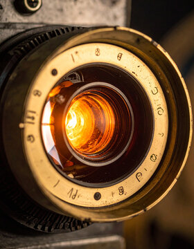 A vintage camera lens glows with warm, golden light, evoking nostalgia and artistic focus. This macro shot, featuring no people, captures timeless mechanical precision, perfect for creative design.