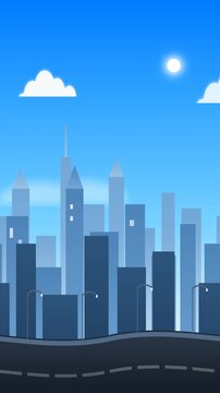 Modern city skyline illustration with skyscrapers and sun on clear blue sky background. City parallax motion loop