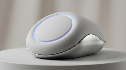 Obraz premium A futuristic white computer mouse with glowing blue light rests on a table surface indoors.