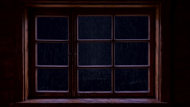 Heavy rain outside window night zoom in