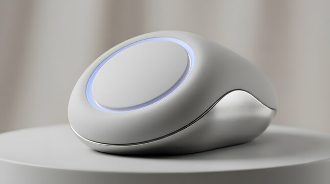 A futuristic white computer mouse with glowing blue light rests on a table surface indoors.