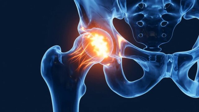 3D medical animation showing hip joint pain with glowing red inflammation in the pelvic region