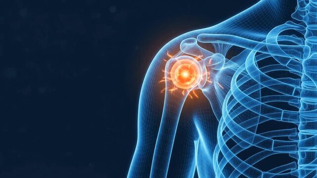 3D medical animation of a human skeleton with a glowing red circle highlighting shoulder joint pain or inflammation against a dark blue background