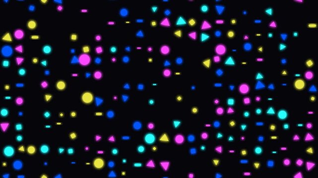 A vibrant motion graphics asset featuring diverse shapes with bright neon colors