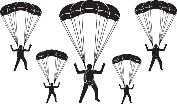 Skydivers with parachutes illustration a black silhouette on white background