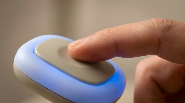 A close-up view of a person pressing a glowing blue panic button or emergency device.