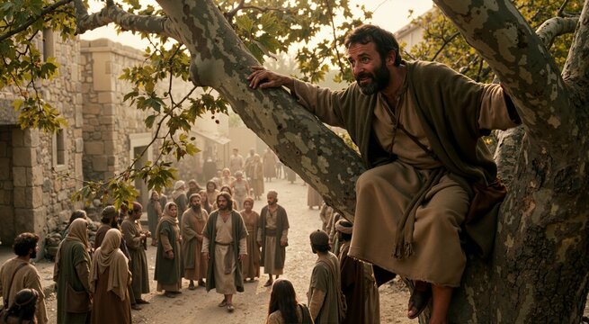 Zacchaeus sitting in sycamore tree looking down as Jesus approaches crowd. Biblical New Testament event in ancient city