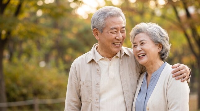  秋の公園で笑顔で寄り添う幸せなシニア夫婦。老後のライフスタイルコンセプト.