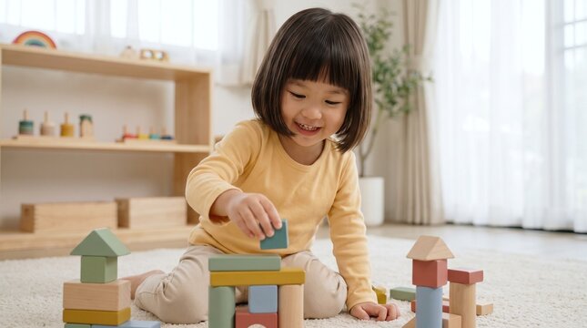 部屋で木製の積み木で遊ぶ笑顔の小さな女の子。知育・子育てのイメージ