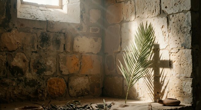 Palm leaf casting a cross shadow on ancient stone wall. Olive branches and clay lamp in sunlit church interior. Easter Palm Sunday concept