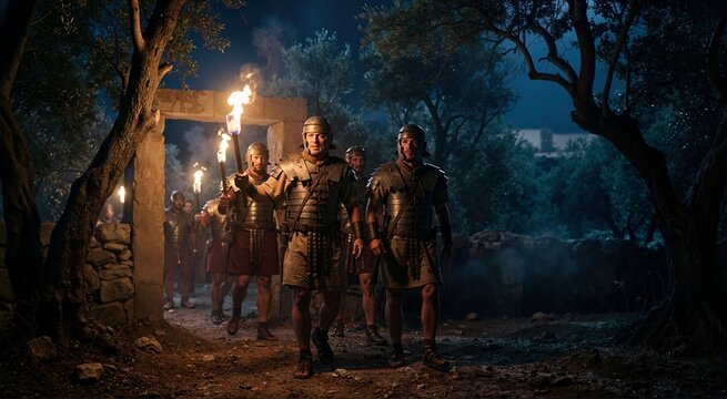 Roman soldiers passing through a stone archway into Gethsemane with burning torches. Nighttime biblical passion scene