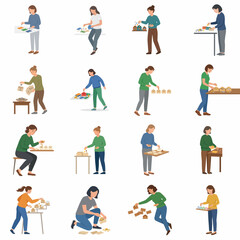 Fototapeta premium Set of vector illustrations featuring diverse people gardening and planting flowers. Isolated characters on white background engaged in potting watering and plant care for hobby and nature themes