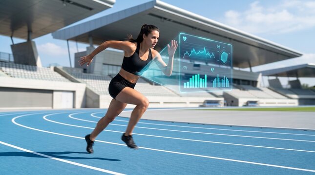 Female athlete sprinting on a blue track with a digital holographic HUD display analyzing her performance metrics and heart rate in a sports stadium