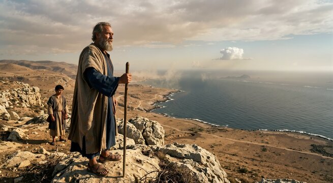 Prophet Elijah standing on a rocky hill looking at a small rain cloud over the sea. Ancient biblical scene of faith after drought. Old Testament Elijah concept