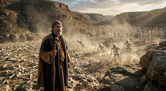 Prophet Ezekiel standing in the valley of dry bones. Biblical vision of skeletons rising from dust in desert landscape