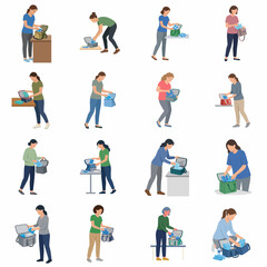 Fototapeta premium Flat vector illustration set of women performing various household laundry chores including washing and folding clothes, isolated on white background for lifestyle concepts and infographics.