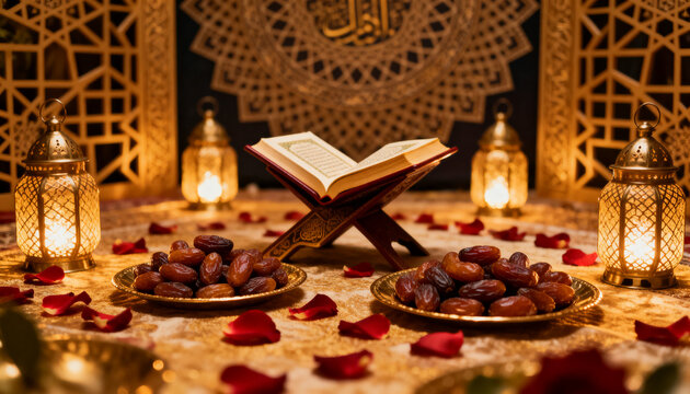 Open holy quran resting on a wooden stand with bowls of sweet dates and lanterns
