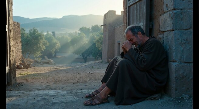 Peter weeping outside stone courtyard at dawn. Biblical depiction of Peters denial after Jesus arrest