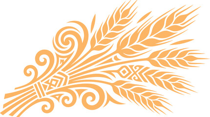 Fototapeta premium Wheat sheaf tribal tattoo style vector illustration with bundled stalks and swirling geometric patterns golden orange design
