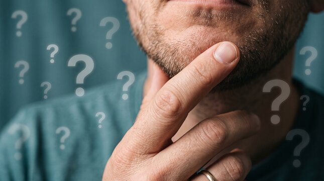 Thoughtful man with a beard pondering over a decision. His hand touches his chin against a blue background. Many floating question marks symbolize uncertainty and problem-solving.