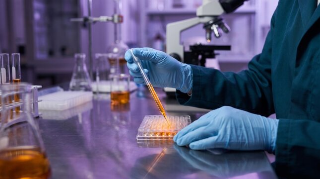 Focused scientist wearing blue latex gloves uses glass pipette to transfer amber liquid into microplate for clinical chemical analysis experiment