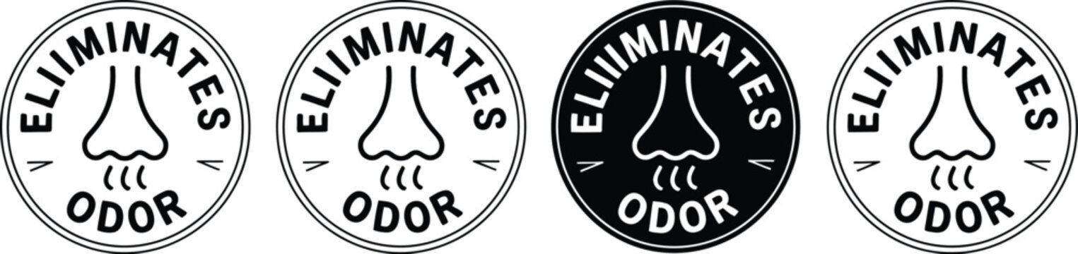 Odor eliminator icon set featuring odor removal, eliminating, remover, freshness, deodorizing, clean air, and neutralization symbols, with label, logo, badge, sign, banner, sticker, stamp, circle, 