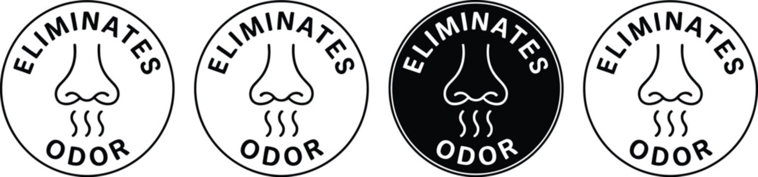 Odor eliminator icon set featuring odor removal, eliminating, remover, freshness, deodorizing, clean air, and neutralization symbols, with label, logo, badge, sign, banner, sticker, stamp, circle, 