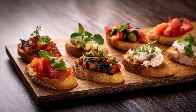 assorted gourmet bruschetta appetizers with fresh herbs on a rustic wooden board during a casual gathering