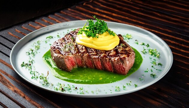 medium rare grilled steak with chimichurri verde sauce cheese sauce all over the steak bbq concept