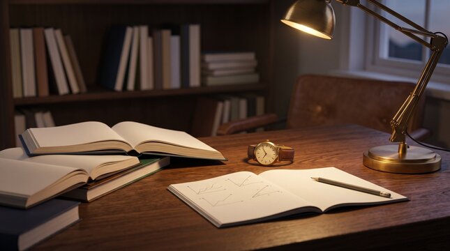 Open notebooks with physics graph drawings, wrist watch, and warm brass desk lamp on a dark wooden study table symbolizing late night education and academic research